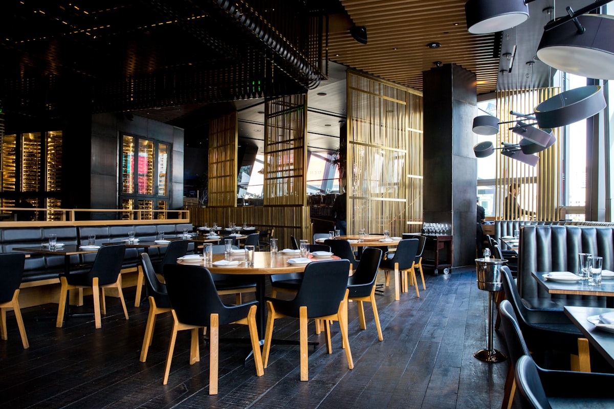 Interior of a modern restaurant with wood and steel detailing